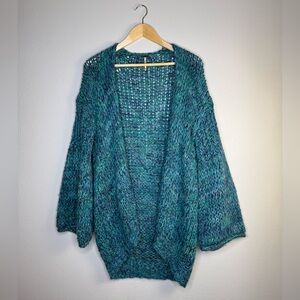 Free People Chunky Knit Cardigan in Teal Blue Mélange